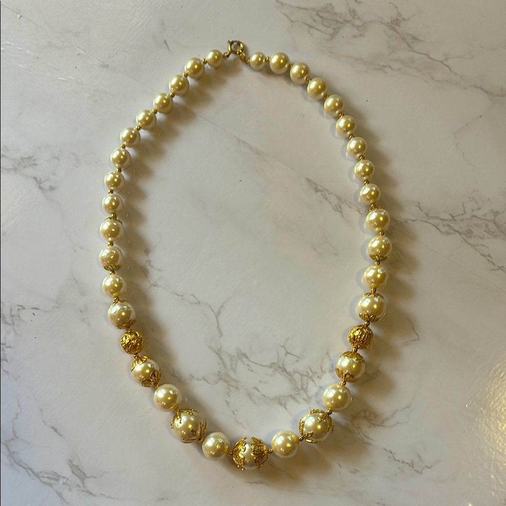 Trifari Faux Pearl and Gold Accent Necklace